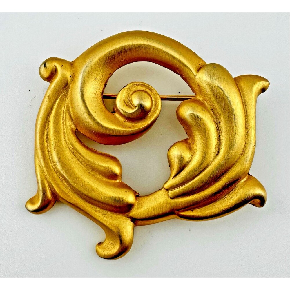 Vintage Anne Klein Scroll Brooch Matte Gold Tone Unsigned Baroque 1980’s Runway